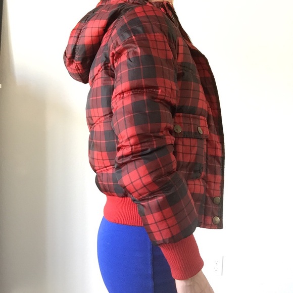 H&M Black and red plaid hooded puffer jacket - Picture 3 of 8